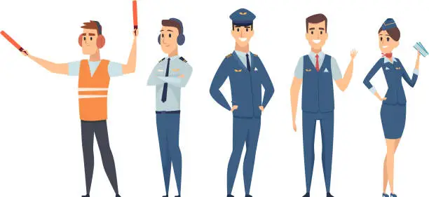 Vector illustration of Pilots. Avia company persons crew pilots stewardess airplane command civil aviation vector characters in cartoon style