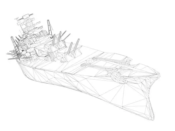 Vector illustration of Wireframe polygonal warship with guns. 3D. Vector illustration.