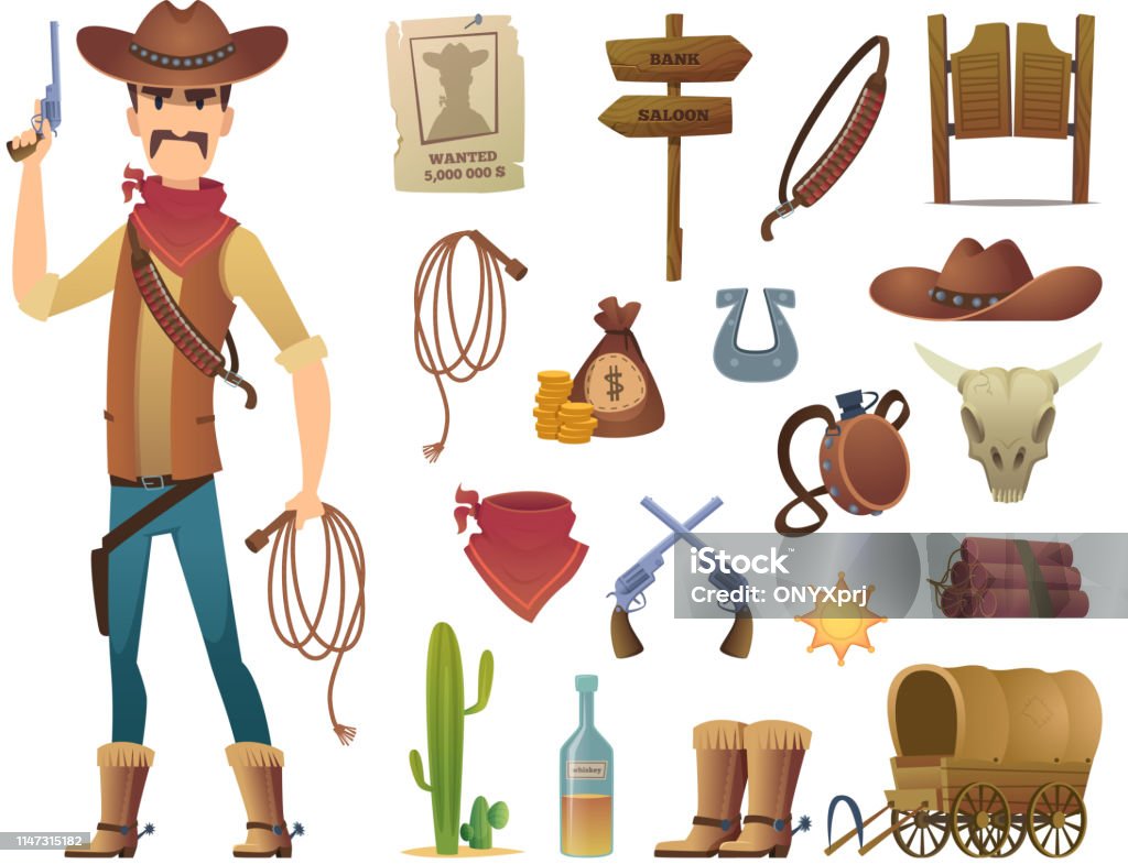 Wild west cartoon. Saloon cowboy western lasso symbols vector pictures isolated Wild west cartoon. Saloon cowboy western lasso symbols vector pictures isolated. Illustration of wild western cowboy, lasso and gun, cactus and star badge Cartoon stock vector