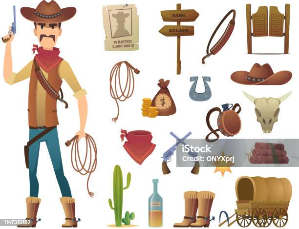 Wild West Cartoon Saloon Cowboy Western Lasso Symbols Vector Pictures Isolated Stock Illustration - Download Image Now