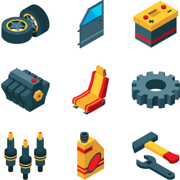Car parts. Automobile tools engine transmission steering wheel exhaust pipe vector isometric icon collection Car parts. Automobile tools engine transmission steering wheel exhaust pipe vector isometric icon collection. Car auto part, automobile wheel and transmission illustration tire vehicle part stock illustrations