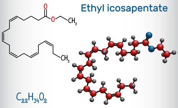 Ethyl eicosapentaenoic acid (icosapent ethyl) molecule. Structural chemical formula and molecule model Ethyl eicosapentaenoic acid (icosapent ethyl) molecule. Structural chemical formula and molecule model. Vector illustration eicosapentaenoic acid stock illustrations