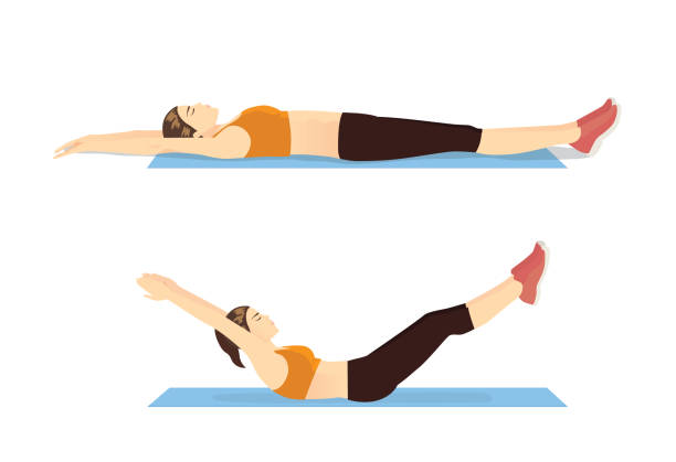 упражнение руководство женщина делает холлоу тела держите в 2 шага на синий коврик. - hollows stock illustrations