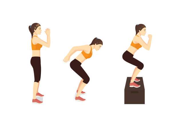Woman doing High Box Jump exercise in 3 Step. Woman doing High Box Jump exercise in 3 Step. Illustration about Workout position for lose weight. burpee stock illustrations