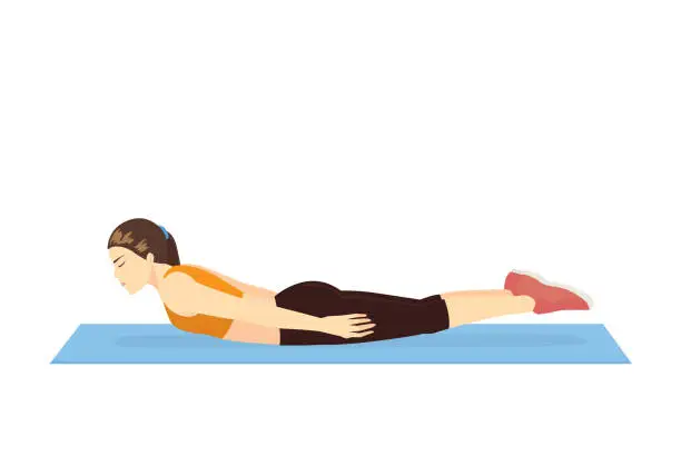 Vector illustration of Woman doing Stretching with Salabhasana Exerciseon the floor.