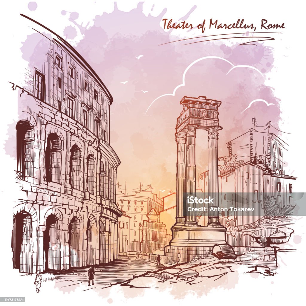 Theater of Marcellus and portico of Octavia in Rome, Italy. Theater of Marcellus and portico of Octavia in Rome, Italy. Monochrome linear drawing isolated on a textured grunge watercolor background. Vintage design. Travel sketchbook drawing. EPS10 vector Rome - Italy stock vector