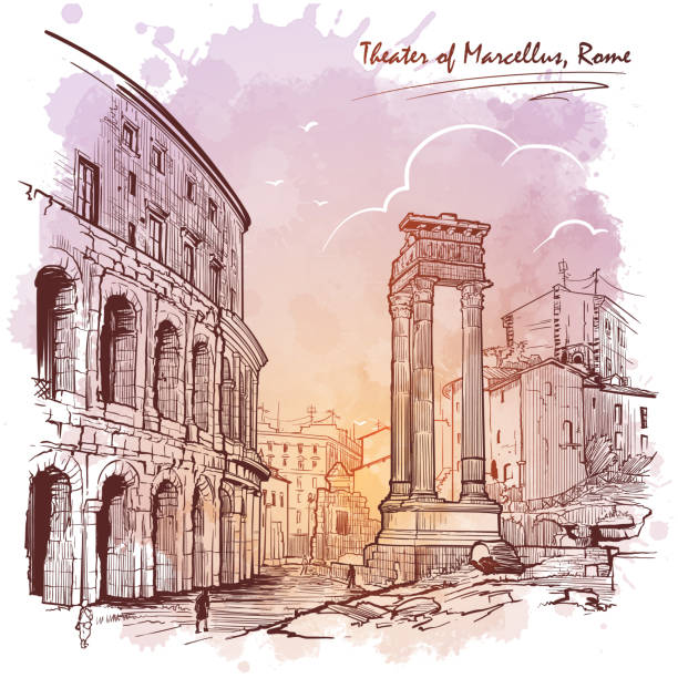 Theater of Marcellus and portico of Octavia in Rome, Italy. Theater of Marcellus and portico of Octavia in Rome, Italy. Monochrome linear drawing isolated on a textured grunge watercolor background. Vintage design. Travel sketchbook drawing. EPS10 vector roman illustrations stock illustrations