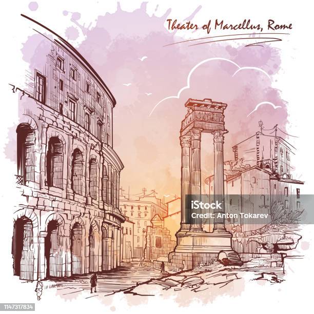 Theater Of Marcellus And Portico Of Octavia In Rome Italy Stock Illustration - Download Image Now