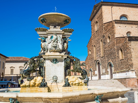 Faenza, Ravenna, Emilia-Romagna, Italy: Piazza del Popolo (People's Square), the medieval palace, the cathedral. Faenza is famous for the artistic ceramics pottery. gimabl pan cinematic