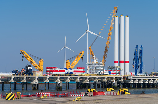 Eemshaven - Groningen - Netherlands, April 18, 2019: Offshore vessel for placing wind turbines at sea in the harbor of Eemshaven.