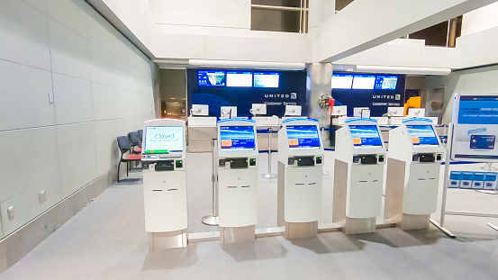 Houston, Texas, USA-January 11, 2019 - Self Service Check In Kiosks in terminal oof Houston International Airport.