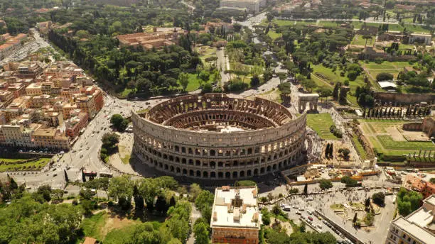 Photo of Aerial view on the  Coliseum, Rome, Italy. Spring, summer. Ancient Rome architecture from drone.