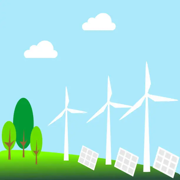 Vector illustration of Landscape with wind turbines.