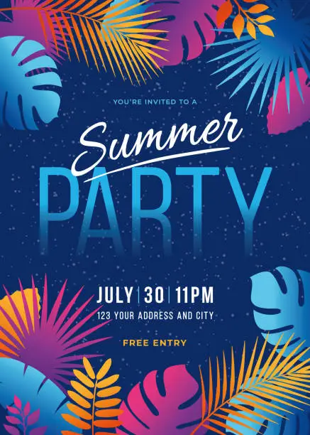 Vector illustration of Summer Party - Tropical background with palm leaves and exotic plants.