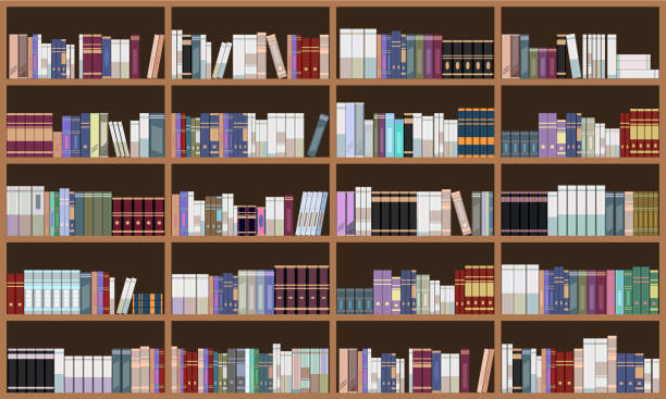 ilustraciones, imágenes clip art, dibujos animados e iconos de stock de estantería de libros de la gran biblioteca. imagen vectorial de color plano. - estantería de libros