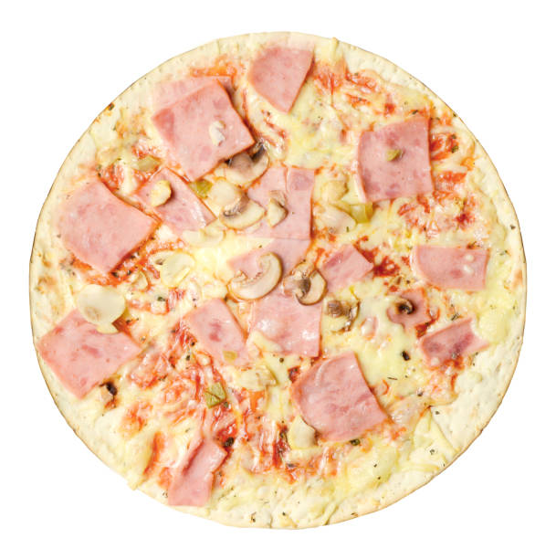 istock Pizza with ham and mushrooms on a white isolated background. Close-up. View from above. 1147324507