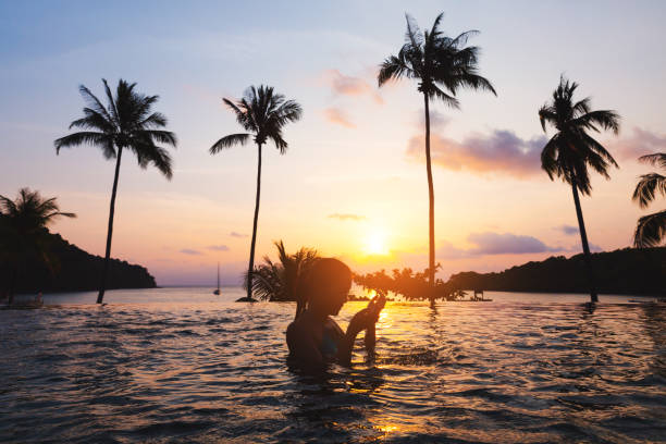 istock Asian woman relax in pool on beach 1147327331