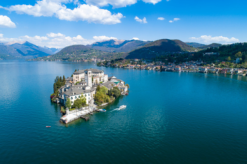 Aerial view of Lake Orta in northern Italy, island of San Giulio on a sunny day.