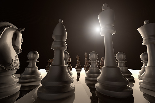3D rendering of a low angle view of a chess game ready to begin