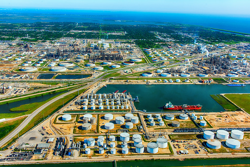 Directly above an oil refinery in Texas City, Texas, located just south of Houston on Galveston Bay.