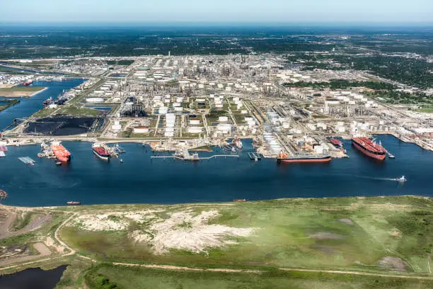 Aerial view of tankers docked at an American oil refinery in Texas City, Texas, located just south of Houston on Galveston Bay.