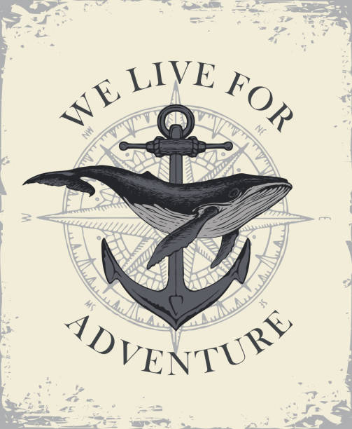 Retro banner with ship anchor and a big hand drawn whale with words We live for adventure. Vector illustration on the theme of travel, adventure and discovery on the background of old paper