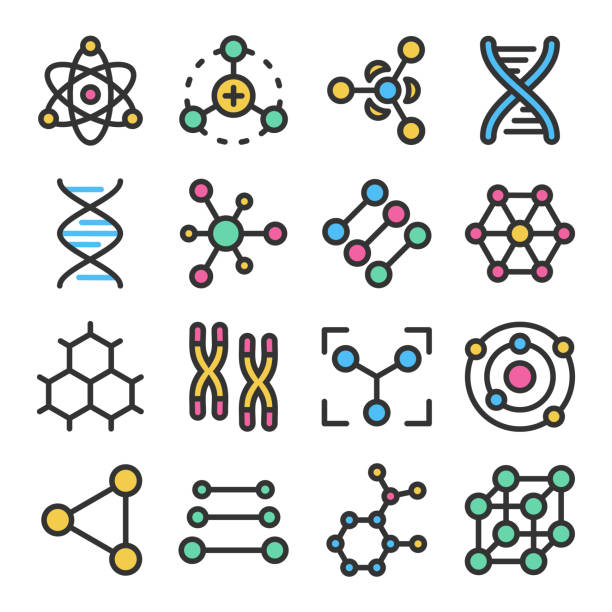 ilustrações, clipart, desenhos animados e ícones de átomos, moléculas, adn, ícone colorido do vetor dos cromossomas ajustados com esboço - dna helix spiral color image