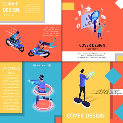 Colorful Square Banners Set with Copy Space. Cover Design. Men Extreme Riding Motocycles, Man Playing Virtual and Augmented Reality Games, Guy on Hoverboard. 3D Flat Vector Isometric Illustration.