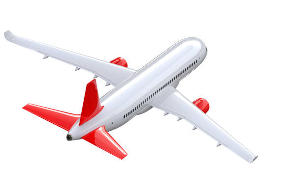 赤い尾の翼を持つ高詳細な白い旅客機、白の背景に3d レンダリング。飛行機のバックビュー、独立した3d イラスト。航空会社コンセプト旅行旅客機。ジェット商業飛行機。 - airport airplane landing red ストックフォトと画像