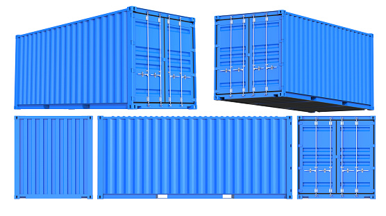 Blue Shipping Cargo Container Twenty feet. for Logistics and Transportation. Set of Front, back, side and perspective views. 3d Renderign Isolated on White Background.