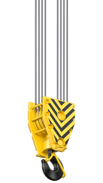 grande blocco gancio per gru towe da costruzione nero e giallo appeso a corde d'acciaio. rendering 3d del blocco uncino sopraelevato isolato su sfondo bianco - hoisting crane foto e immagini stock