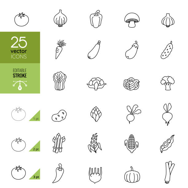 gemüse line icons. bearbeitbare stroke. - salad vegetable pumpkin broccoli stock-grafiken, -clipart, -cartoons und -symbole