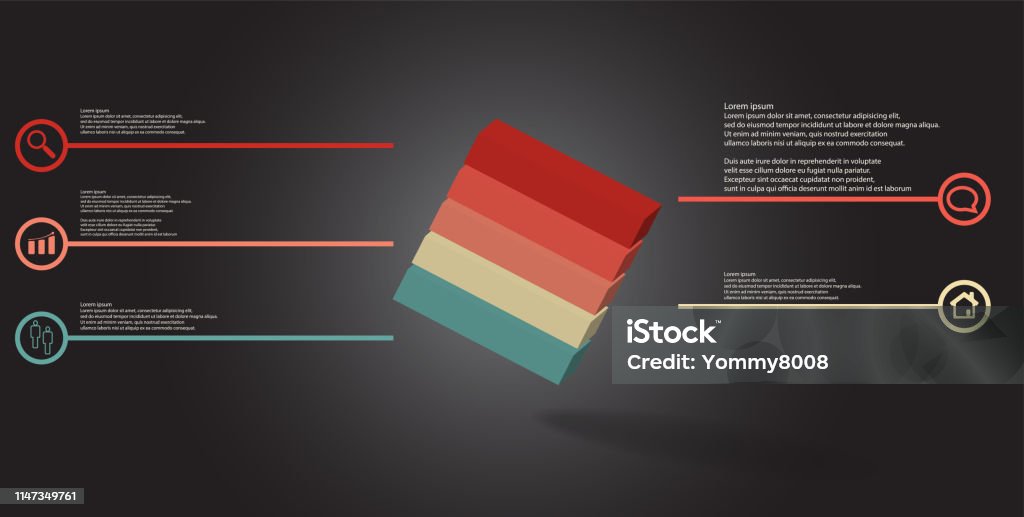 3D illustration infographic template. The embossed cube is horizontally divided to five color parts. Object is askew arranged on grey black background. Lines with signs are on sides. Arranging stock vector