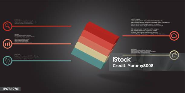 3d Illustration Infographic Template The Embossed Cube Is Horizontally Divided To Five Color Parts Object Is Askew Arranged On Grey Black Background Lines With Signs Are On Sides Stock Illustration - Download Image Now