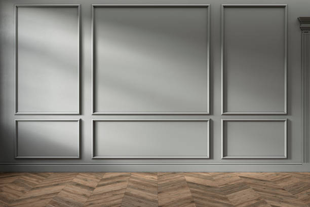 istock Modern classic gray empty interior with wall panels and wooden floor. 3d render illustration mock up. 1147350207