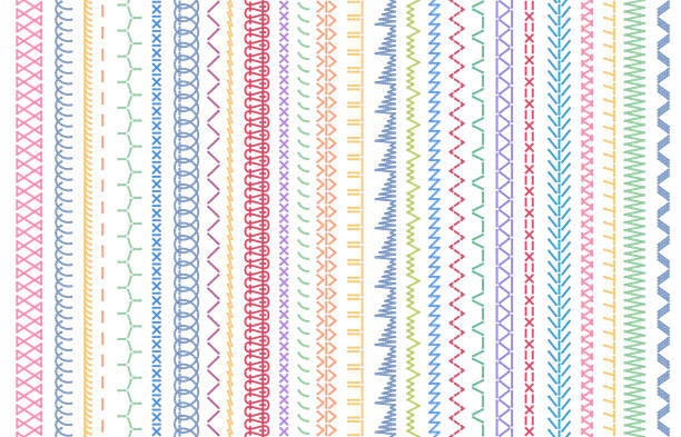 Sewing seams patterns. Embroidery craft sew pattern, fashion seam brush and colorful stitches stitched fabric vector illustration set Sewing seams patterns. Embroidery craft sew pattern, fashion seam brush and colorful stitches stitched fabric. Stitching sewing, stitches seam line. Vector illustration isolated symbols set sewing stock illustrations