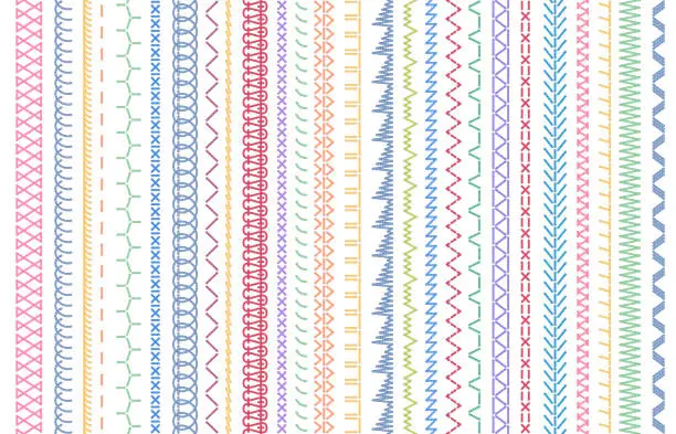 Vector illustration of Sewing seams patterns. Embroidery craft sew pattern, fashion seam brush and colorful stitches stitched fabric vector illustration set
