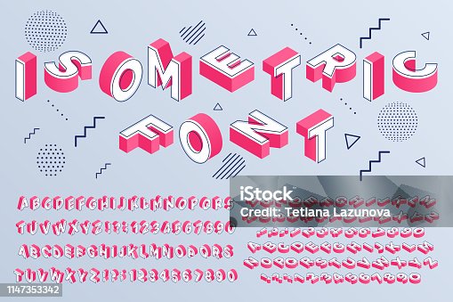 istock Isometric font. Geometric alphabet 3d letters cubic blocks and perspective numbers sign vector set 1147353342
