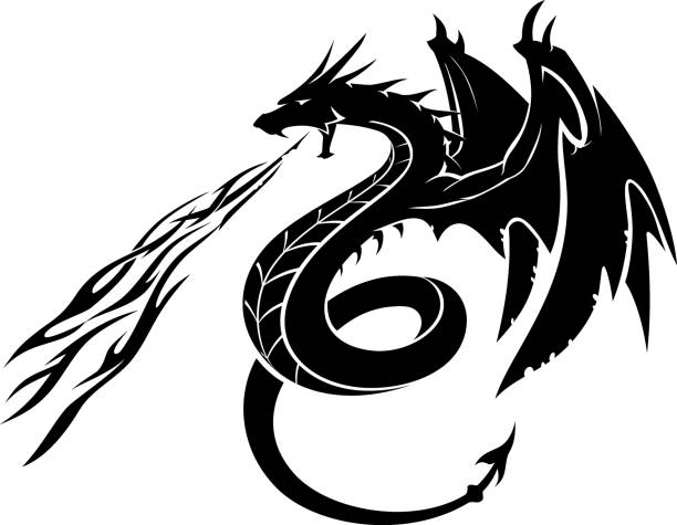 Black Dragon Fire Breathing Side View Isolated vector illustration of mythical dragon with flaming attack breath. open flame stock illustrations