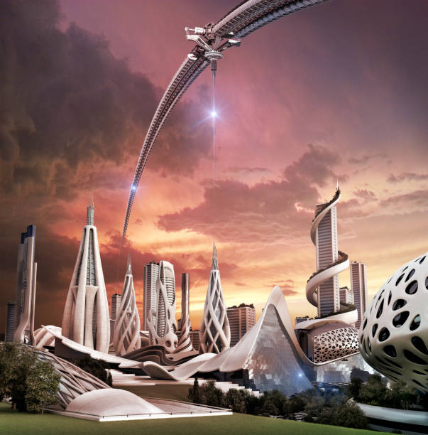 istock Futuristic city and space wheel with an exotic energy source 1147359641