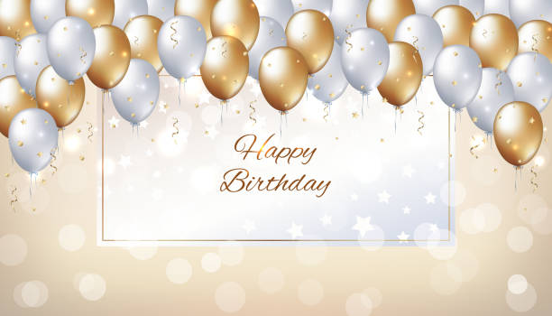 ilustrações de stock, clip art, desenhos animados e ícones de happy birthday card with golden and white balloons. holiday party background with frame for text. gold and pearl balloons on a light golden background. vector greeting card - personal accessory balloon beauty birthday