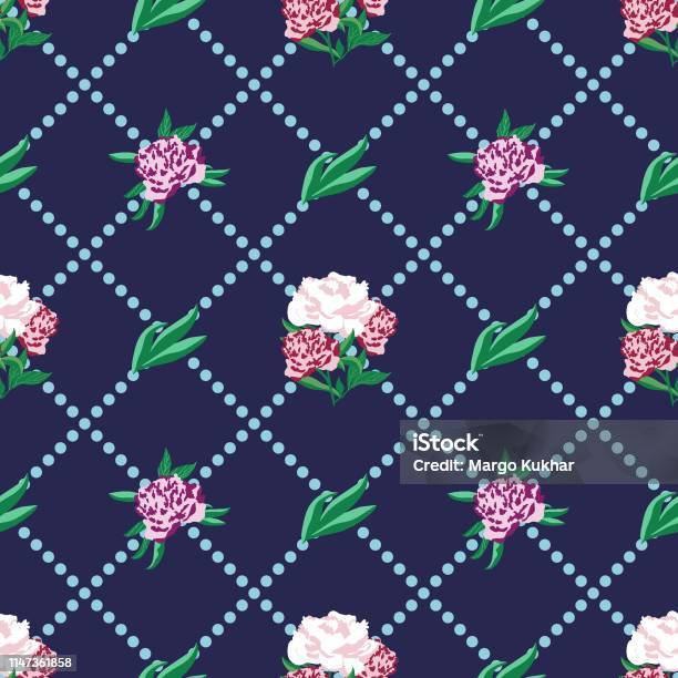 Blossom Floral Vintage Seamless Pattern Blooming Botanical Motifs Scattered Random Vector Texture For Fashion Prints Hand Drawn Peonies With Leaves On Blue Background With Polka Dots Retro Style Stock Illustration - Download Image Now