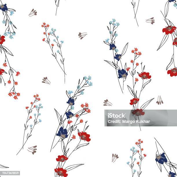 Blossom Floral Seamless Pattern Blooming Botanical Motifs Scattered Random Trendy Colorful Vector Texture Good For Fashion Ditsy Print Hand Drawn Small Flowers On White Background Retro Style Stock Illustration - Download Image Now