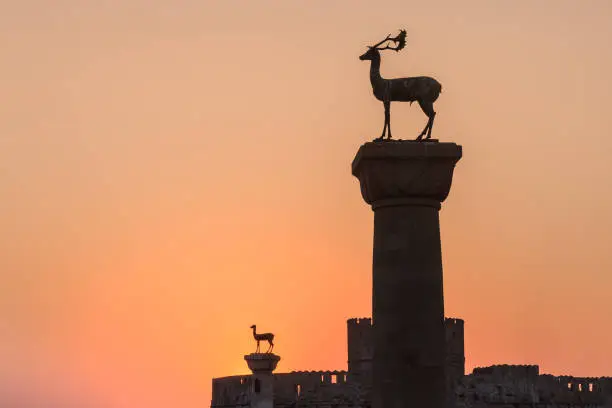 Medieval statue of deer where the Colossus of Rhodes may have stood, Greece