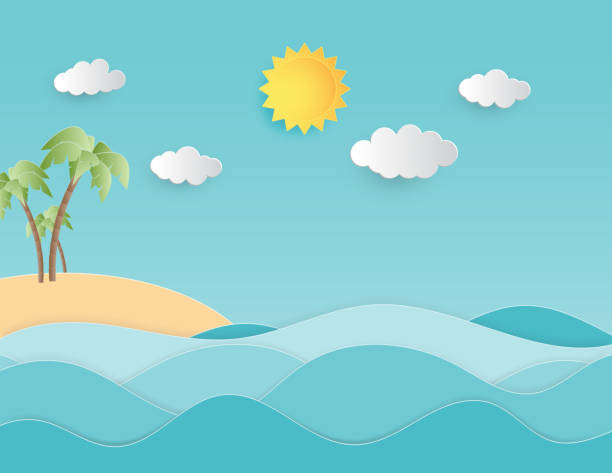 istock Creative illustration summer background concept paper cut style with landscape of sea wave and beach with palm tree. 1147364254
