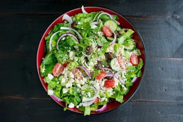 Greek salad in a serving bowl
