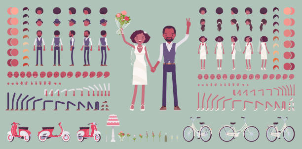 ilustrações, clipart, desenhos animados e ícones de noiva e noivo, pares pretos felizes em uma cerimónia de casamento - wedding african descent american culture bride