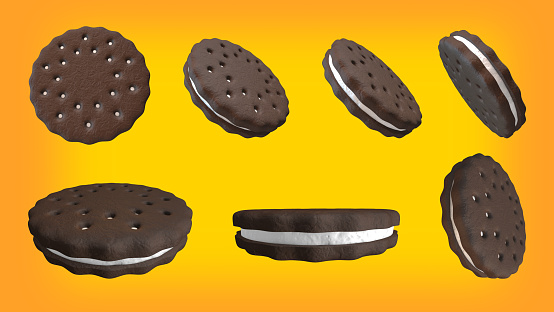 3d chocolate cookie with cream. Clipping path is provided to extract the cookie.