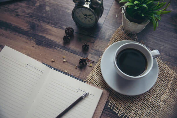 istock Planner Concept.Diary,vintage clock,cup of coffee place on office desk,working space.Notebook for Planner, timetable,agenda,appointment,organization,management each date,month and year 1147372575
