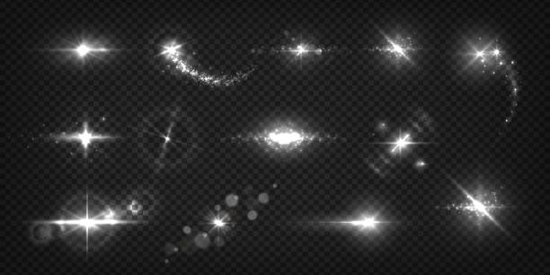 Glowing light effects. Realistic flashes and sparks, star shine and sunburst isolated transparent set. Vector shiny light flash Glowing light effects. Realistic flashes and sparks, star shine and sunburst isolated transparent set. Vector shiny light white flash flicker bird stock illustrations